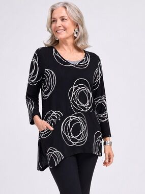 Compli K Abstract Print Tunic Top Black White Asymmetrical Hem Pocket